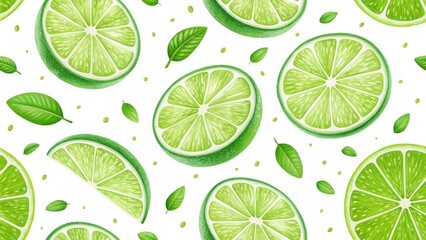 Lime slices and leaves illustration vibrant green, realistic style, pattern design, food photography, summer refreshment. Lime, pattern, illustration