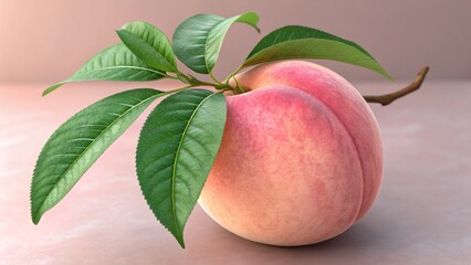 Peach with Leaves 3D Render, Close-up Composition, Pink Background, Fruit Photography Peach, 3D render