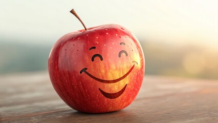 Smiling Apple Red Fruit with Happy Face on Wooden Table, Digital Art, Closeup Happy Apple, Fruit Emoji
