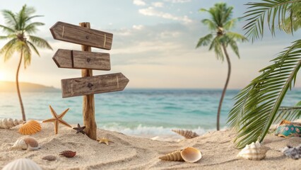 Tropical Beach Signpost Three Wooden Arrows, Seashells, Palm Trees, Sunset, Vacation, Travel Beach Sign, Tropical Vacation