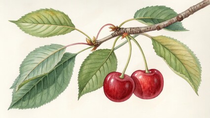 Watercolor Painting Cherry Branch with Two Ripe Cherries, Botanical Illustration, Nature Art, Fruit Cherry, Watercolor