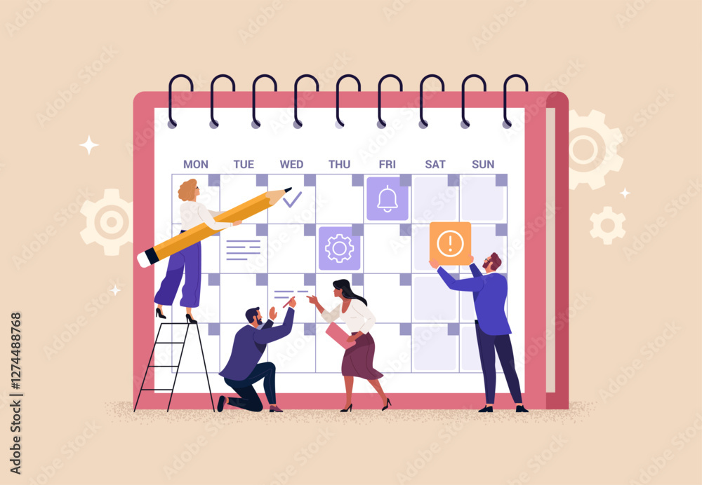 Poster business planning concept. vector cartoon illustration of a group of diverse people in business outf