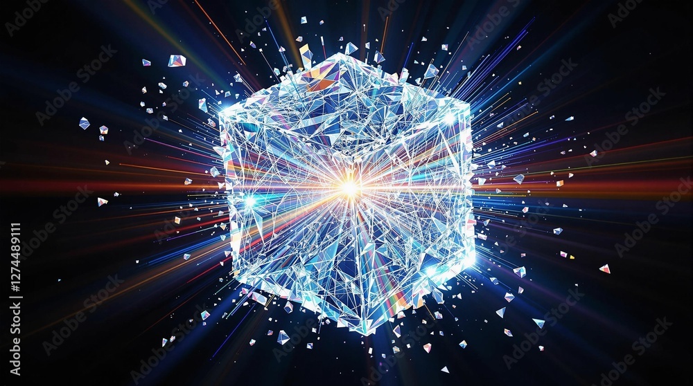 Poster a radiant, luminous, crystal-like object emitting a radiant beam of light against a dark, blurred ba