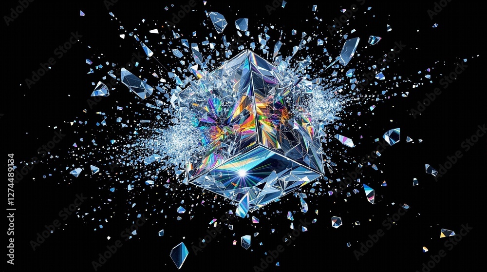 Poster a vivid, crystalline structure that appears to be in the midst of a burst, set against a stark black
