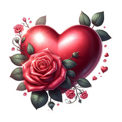 Red heart with a rose and petals, isolated on white background