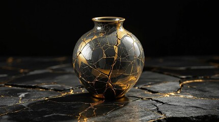 A glass vase with a crackled surface, set against a dark background. The vase is transparent, allowing light to pass through, revealing the intricate details of its crackled texture. The dark backgrou