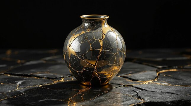 A glass vase with a crackled surface, set against a dark background. The vase is transparent, allowing light to pass through, revealing the intricate details of its crackled texture. The dark backgrou