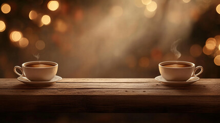 Fototapeta premium Background with coffee, wooden table on an extremely blurred backdrop, used for display or editing as a dining background. Banner, board, podium