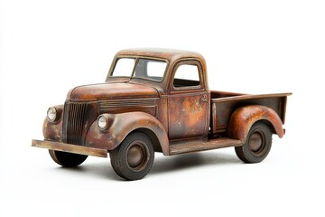Rusty vintage pickup truck model with detailed craftsmanship on a minimalist background isolated on transparent background