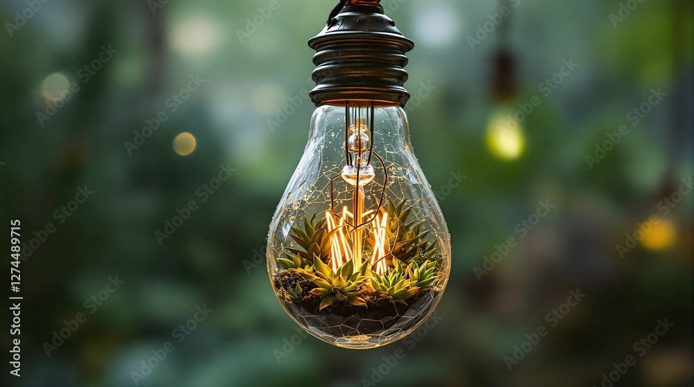 Poster a light bulb suspended in the air, with a blurred background suggesting a garden setting. the bulb i