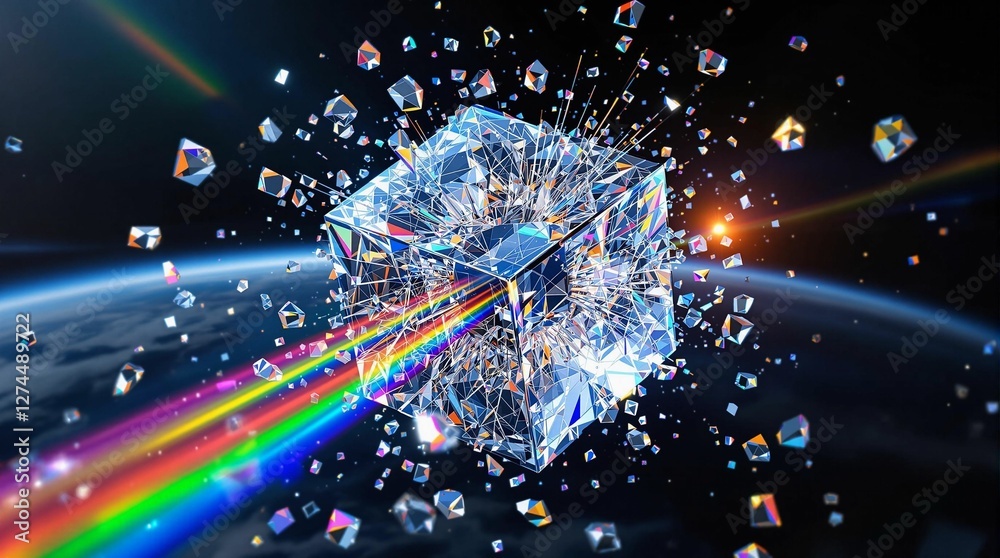 Aufkleber a vivid, high-resolution digital artwork depicting a radiant, crystalline object in the foreground w