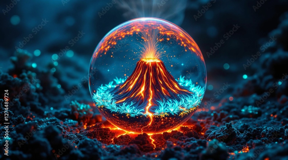 Aufkleber a vivid, ethereal depiction of a volcanic eruption encased within a transparent bubble, set against 