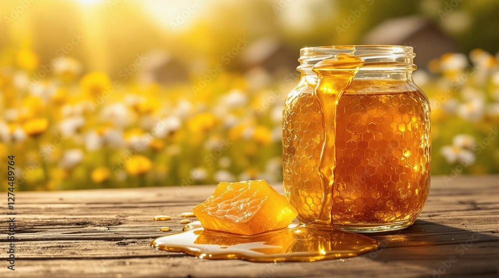 Poster a jar of honey with a piece of honeycomb on a wooden surface, set against a blurred background of fl