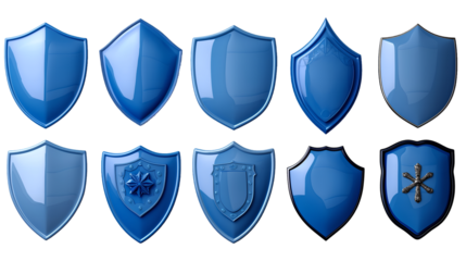 Blue Glossy Shields Protection Design Elements, Shiny Metal Badges for Security Themes, isolated on transparent background.