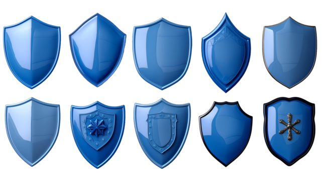 Blue Glossy Shields Protection Design Elements, Shiny Metal Badges for Security Themes, isolated on transparent background.