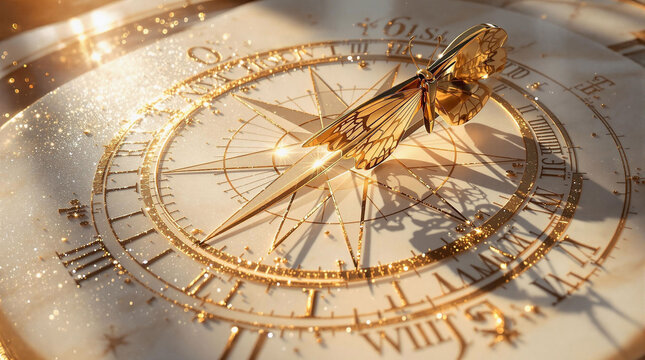 A close-up of a golden compass rose on a white surface, adorned with Roman numerals. The compass is intricately detailed, with a needle pointing to the cardinal directions. The golden hue of the compa