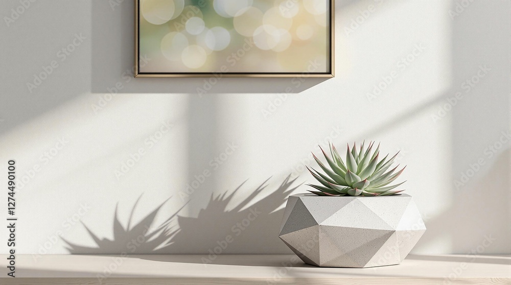 Poster a modern, minimalist setting with a white, geometrically patterned pot containing a succulent plant,