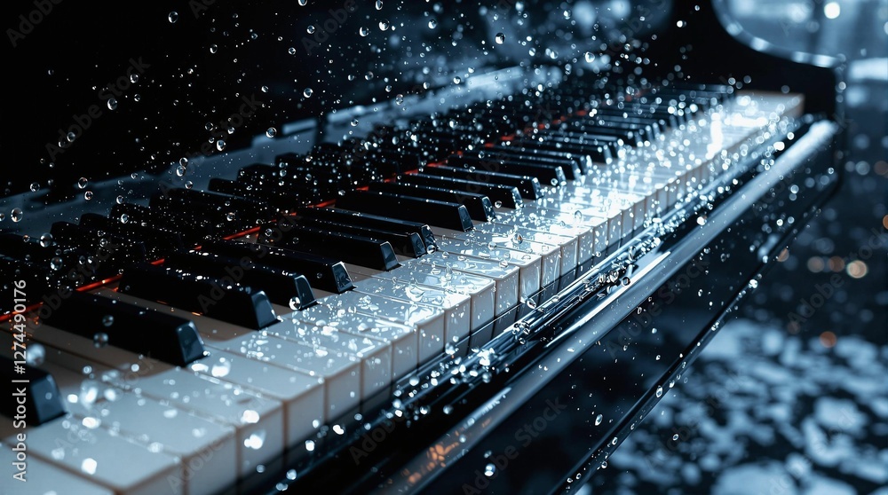 Poster a close up of a piano keyboard with water droplets on it, set against a blurred background.