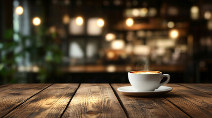 Fototapeta premium Background with coffee, wooden table on an extremely blurred backdrop, used for display or editing as a dining background. Banner, board, podium