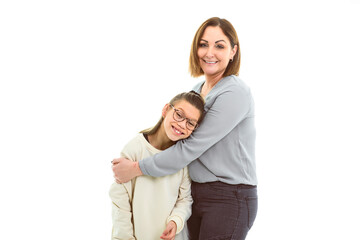Portrait of disabled girl smiling at camera with her mother over white background