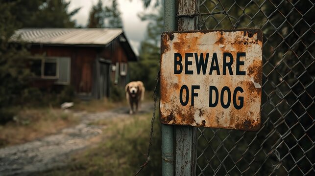 A rustic Beware of Dog sign is prominently displayed on a weathered fence, with a bear casually walking in the background, highlighting a rural and wild atmosphere.