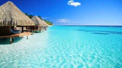 * Luxury beach cabanas with turquoise waters.
