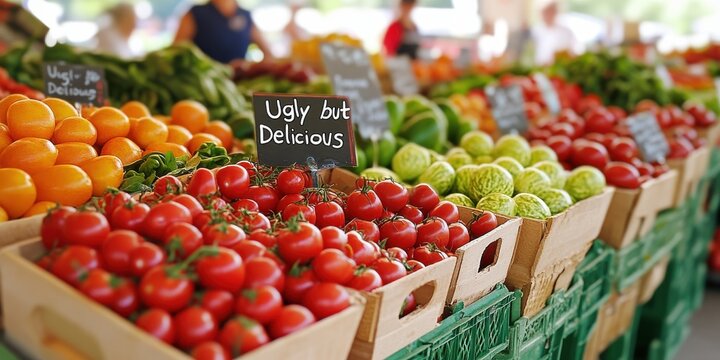 market stand display, a charming farmers market stand with a ugly but delicious produce section at a discount, while shoppers are joyfully picking their fruits and veggies
