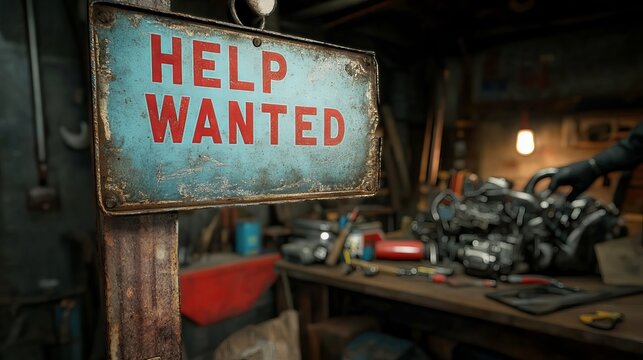 A rustic Help Wanted sign in bold red letters hangs in a workshop filled with tools and machinery, creating a sense of urgency and opportunity.