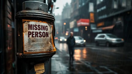 A wet street scene featuring a Missing Person sign on a lamppost, evoking a somber mood amidst blurred figures in the background.
