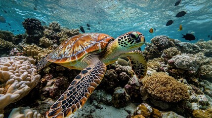Fototapeta premium Majestic Sea Turtle Gracefully Navigating Vibrant Coral Reef