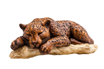 Wooden sculpture of a resting leopard on a natural base, showcasing artistry and craftsmanship isolated on transparent background
