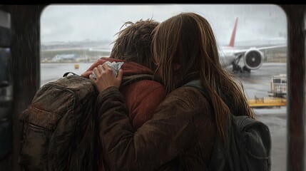 A young couple sharing a moment of intimacy at an airport, surrounded by rain, conveying a bittersweet feeling of departure and connection.