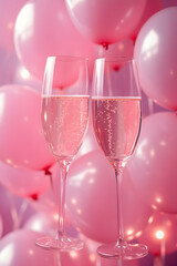 Champagne flutes sparkle in a festive atmosphere adorned with pink balloons, creating a joyful celebration for a memorable event