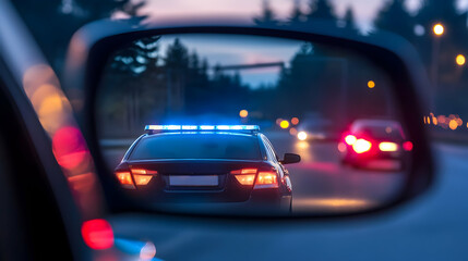 Driver pulled over by police at night with flashing lights in rearview mirror