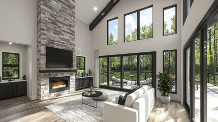 Modern Living Room with Stone Fireplace and Large Windows