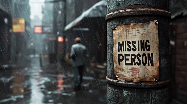 A somber scene in a rainy alley, featuring a worn Missing Person poster on a pole, capturing a sense of mystery and loss.