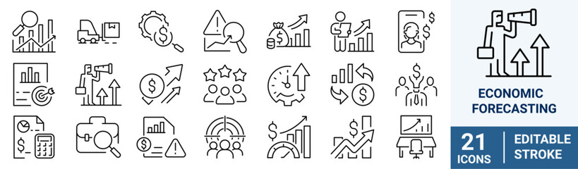 Economic Forecasting web line Icon Set. Containing Accuracy, Budgeting, Quantity, Opportunities, Result, Threats, Forecasting, Profit Growth, Goal, Data, Analysis. Vector Illustration.