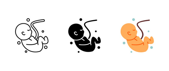 Fetus icon set. Developing baby inside the womb sign. Embryo and prenatal growth symbol. Maternity and pregnancy care pictogram. Medical and biological study illustration.