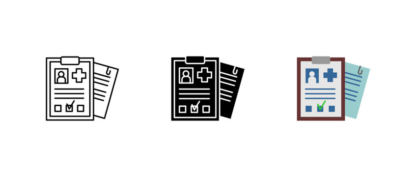 Medical document icon set. Patient health report sign. Hospital record and diagnosis symbol. Prescription, insurance form, and checkup pictogram. Doctor clipboard and treatment illustration.