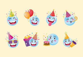Colorful Birthday Emoji Cartoon Celebration. Party Fun Illustration Set