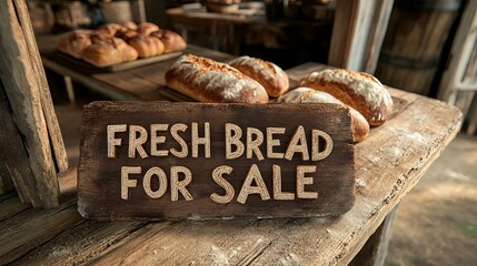A rustic wooden sign reading Fresh Bread For Sale in front of artisanal loaves on a wooden table, evoking a homey, inviting bakery atmosphere.