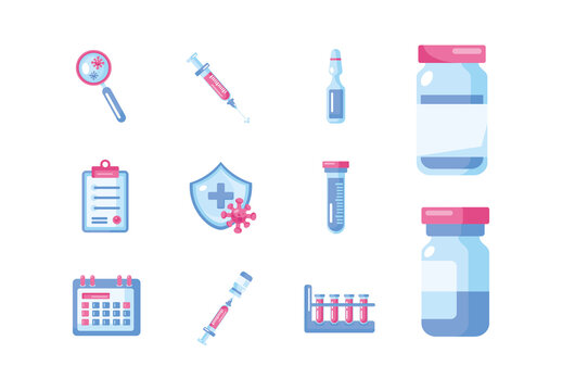 Blue Vaccine Elements Flat Illustration Medical Protection. Healthcare Illustration Set