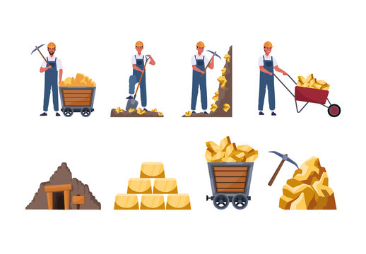 Colorful Gold Mining Worker Tools and Equipment. Industrial Illustration Set