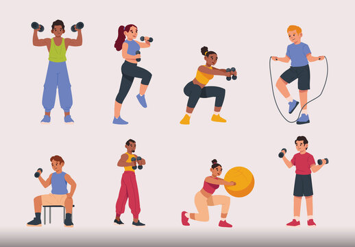 Colorful Active People Working Out Gym Illustrations Set