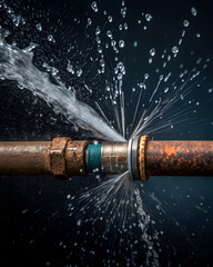 Close-up of a rusty, damaged pipe leaking water under high pressure. Droplets spray in multiple directions, highlighting corrosion and infrastructure failure. Dark background enhances contrast.