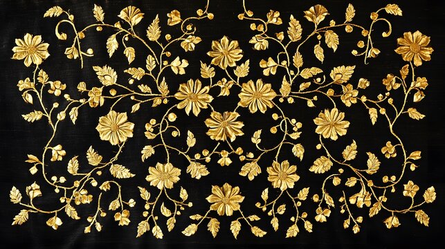 A decorative pattern featuring intricate golden floral designs on a black background.