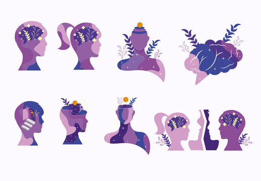 Purple and Blue Psychology Mental Health. Brain Illustration Set