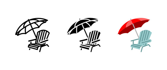 Beach chair icon. Umbrella and sunshade sign. Summer relaxation symbol. Tropical vacation pictogram. Seaside lounge illustration. Resort leisure concept.