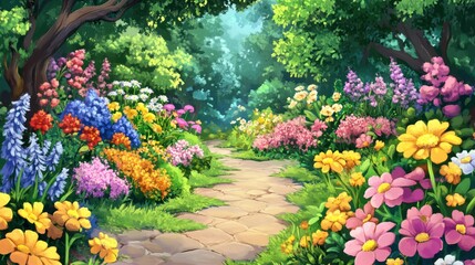 Obraz premium Colorful flower path, sunlit forest, nature scene, idyllic background, game art