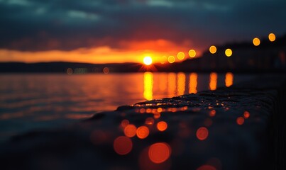 a breathtaking view of the sunset over the water, with blurred lights in the foreground and a dark sky